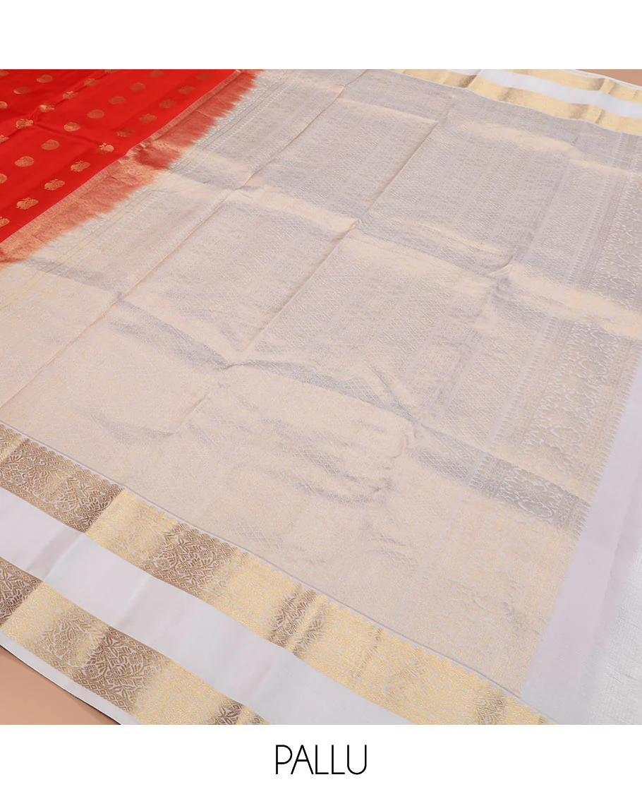 Orange arumbu manga buttas Vasundhara silk saree with contrast rettai pettu border of salngai, diamond, and kodi visiry designs, and intricate pallu - Image 5