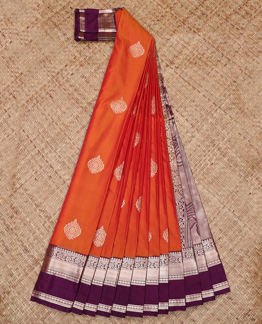 Orange Budget Silk Saree, Highlighted by Zari Buttas All Over Its Body, Complemented by a Contrast Traditional Zari Design Rettai Pettu Border, Intricately Designed Pallu, and Paired with a Contrast Blouse - Image 2