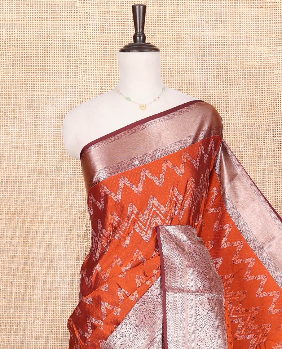 Orange Budget Silk Saree, Meticulously Crafted with Jacquard All Over Its Body, Complemented by a Contrast Traditional Zari Design Border, Grand Pallu, and Paired with a Contrast Blouse - Image 2