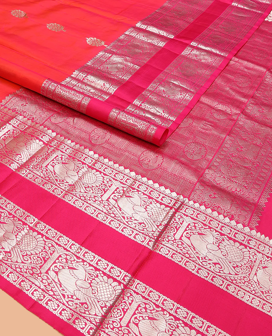 Orange buttas Venkatagiri silk saree, contrast traditional zari design rettai pettu border, and intricate pallu - Image 2