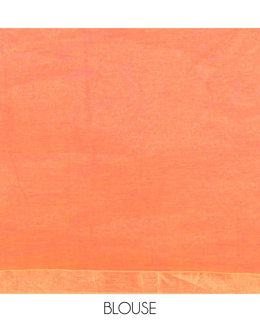 Orange Coimbatore Cotton Saree, Delicately Designed with Stripes, Checks, and Buttas All Over Its Body, Subtly Zari Border, Sparsely Woven Pallu of Floral-Leaf Designs, and Paired with a Matching Blouse - Image 3