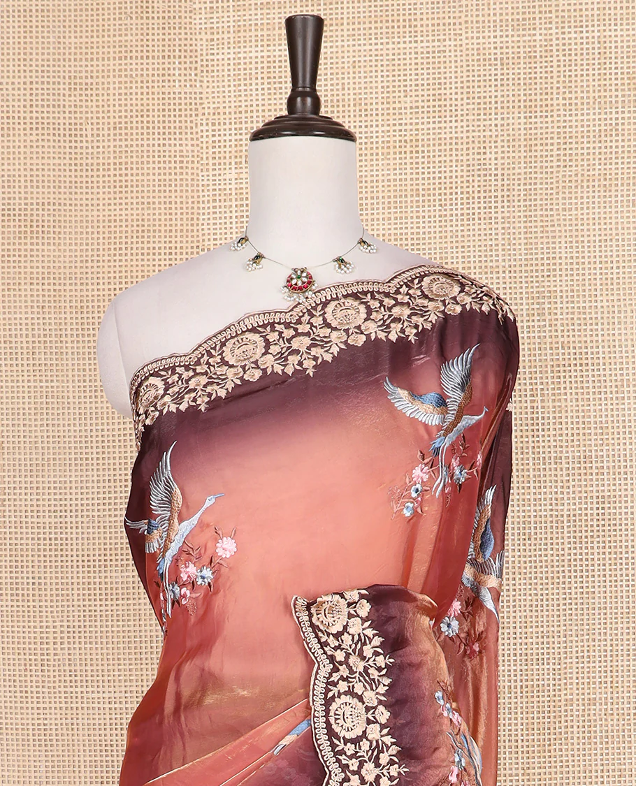 Orange crane and floral motifs thread embroidered designer saree, scallop floral thread embroidered border, and embroidered pallu - Image 3