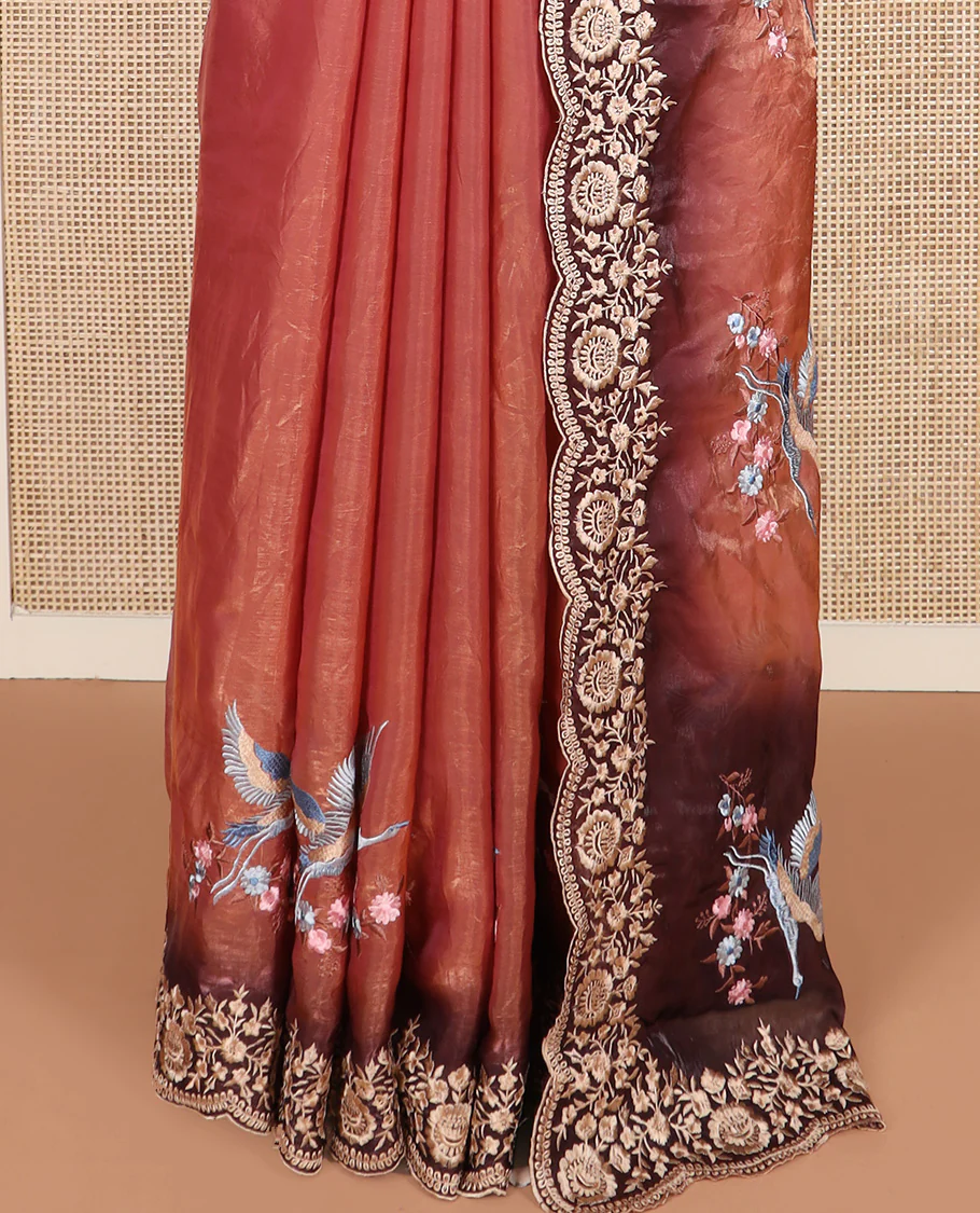 Orange crane and floral motifs thread embroidered designer saree, scallop floral thread embroidered border, and embroidered pallu - Image 4