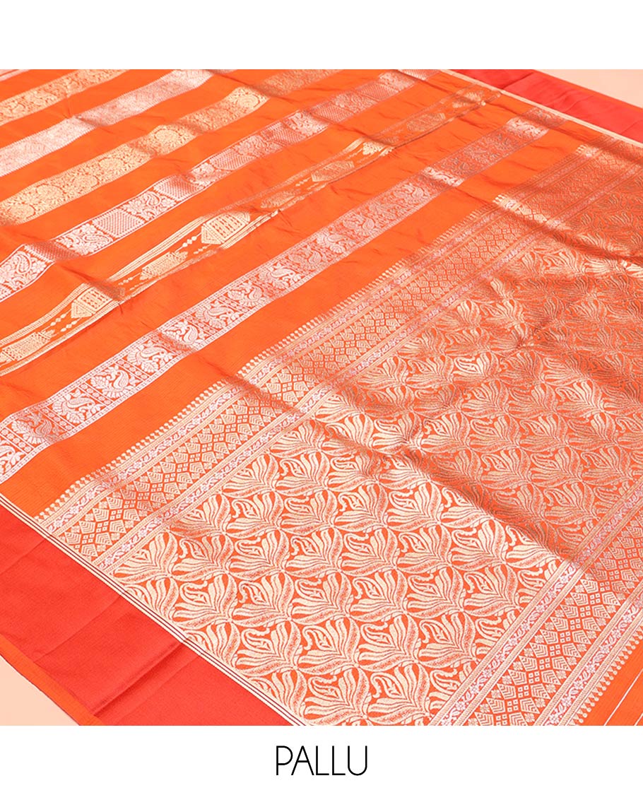 Orange Dupion Silk Saree, Richly Features Vertically Woven Traditional Patterns in Zari, Complemented by Contrast Zari Satin Border, Rich Pallu, and Paired with a Matching Blouse - Image 7