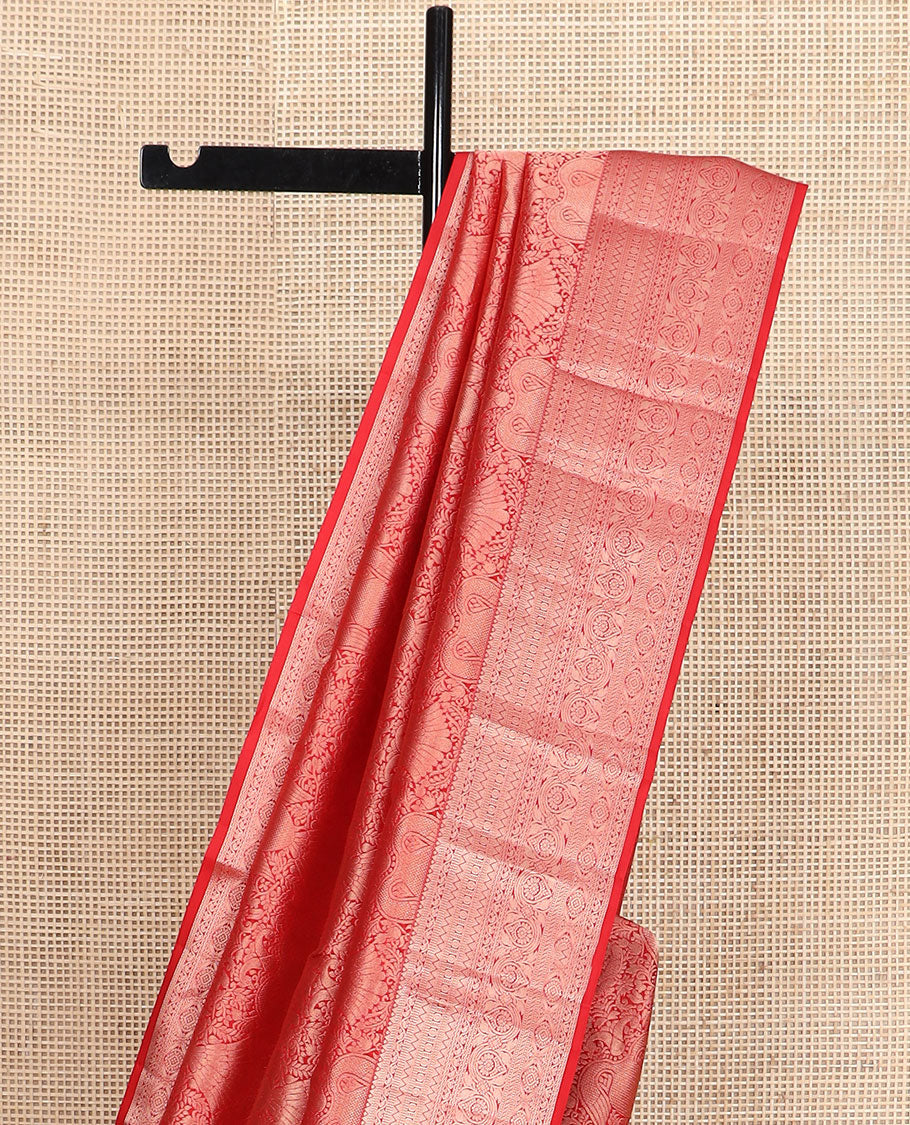 Orange iruthalai pakshi jacquard Kanchipuram wedding silk saree, zari traditional design border, and pallu of zari-rich jaal - Image 4