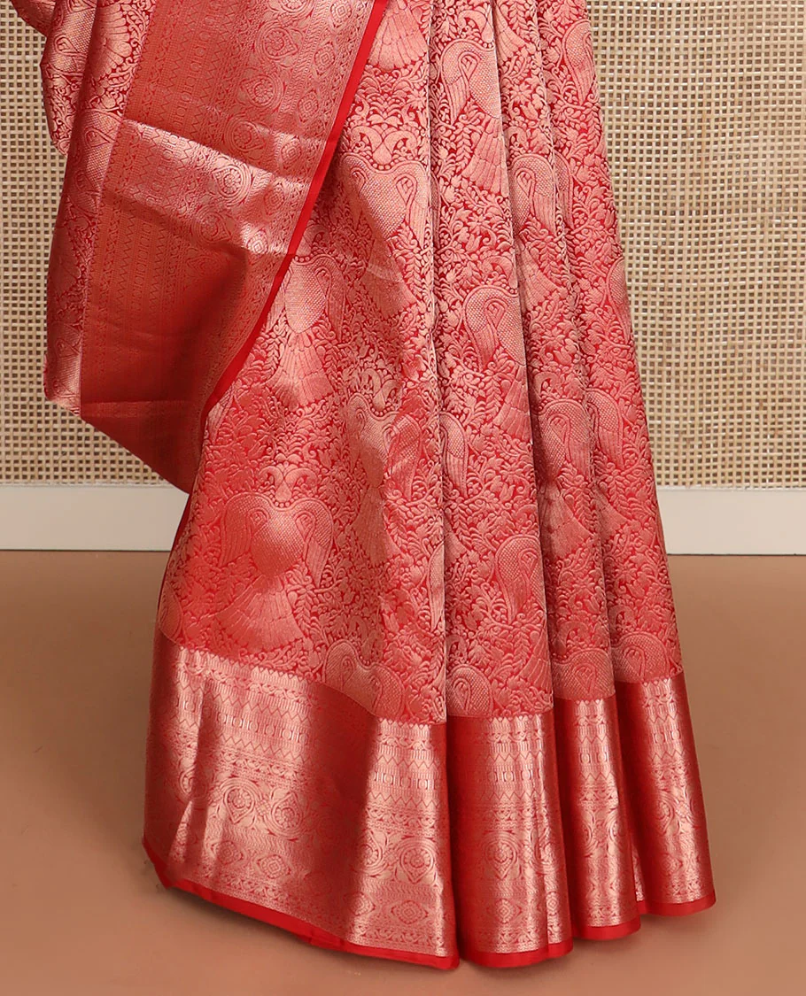 Orange iruthalai pakshi jacquard Kanchipuram wedding silk saree, zari traditional design border, and pallu of zari-rich jaal - Image 5