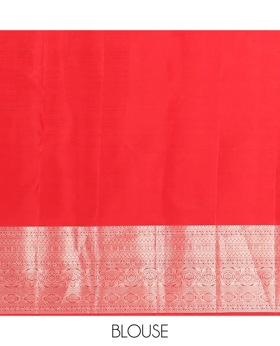 Orange iruthalai pakshi jacquard Kanchipuram wedding silk saree, zari traditional design border, and pallu of zari-rich jaal - Image 6