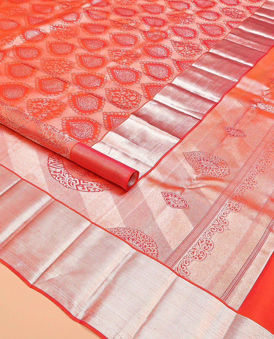 Orange jacquard kanchipuram silk saree, zari border, and zari woven pallu of intricate designs - Image 2