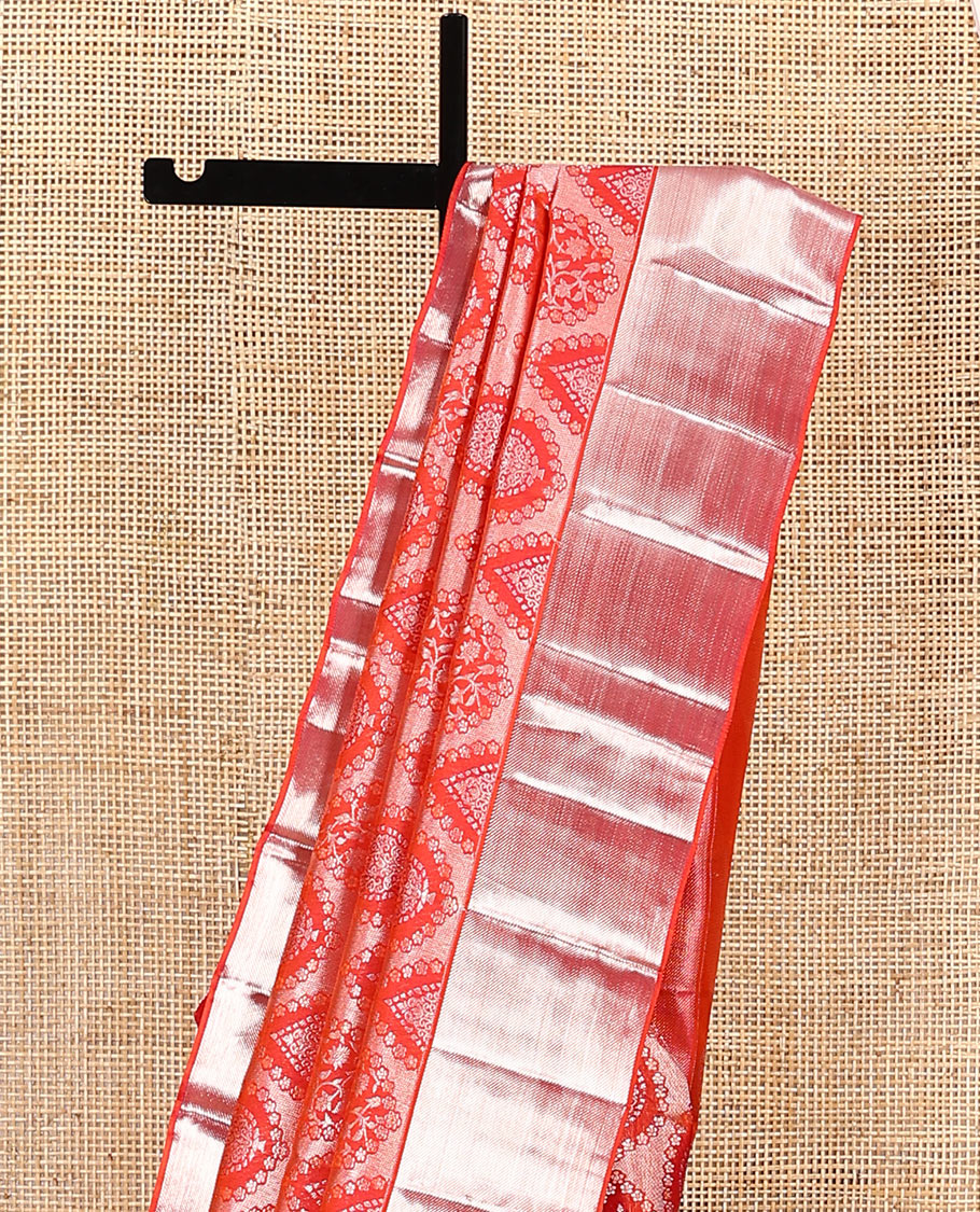 Orange jacquard kanchipuram silk saree, zari border, and zari woven pallu of intricate designs - Image 3