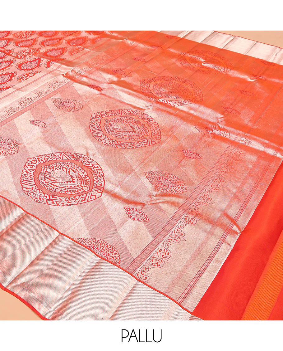 Orange jacquard kanchipuram silk saree, zari border, and zari woven pallu of intricate designs - Image 5
