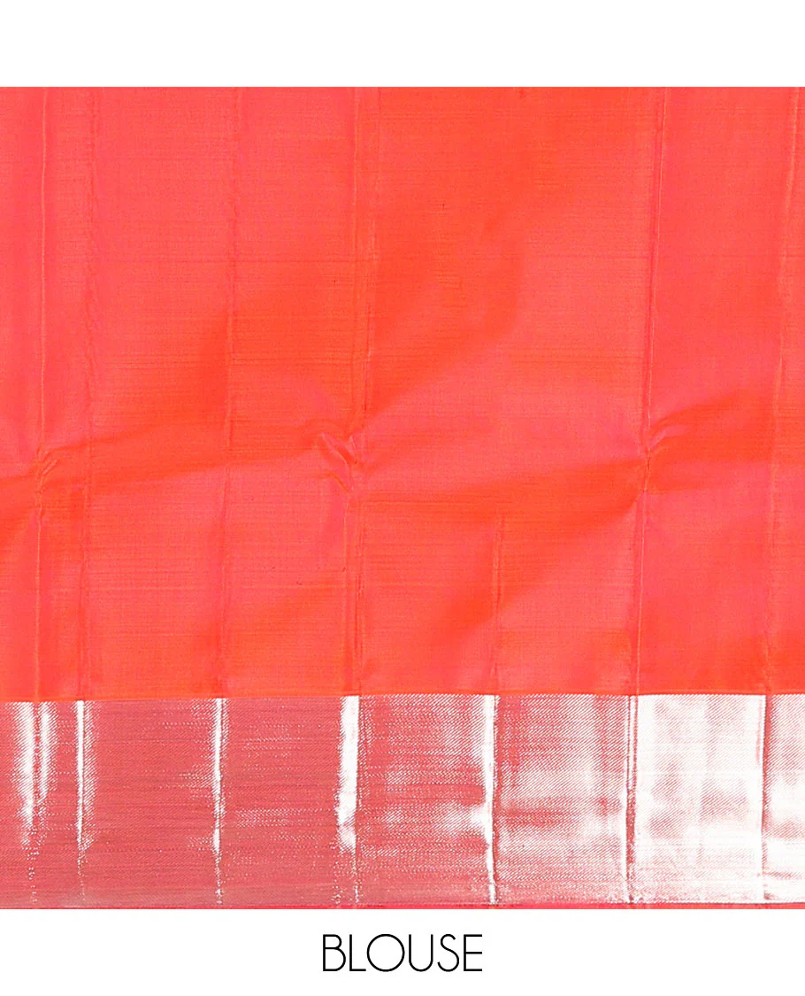Orange jacquard kanchipuram silk saree, zari border, and zari woven pallu of intricate designs - Image 6