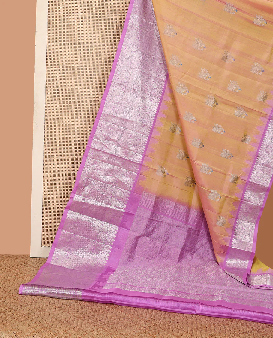 Orange meena peacock buttas Venkatagiri silk saree, contrast traditional zari border, and jaal pallu - Image 2