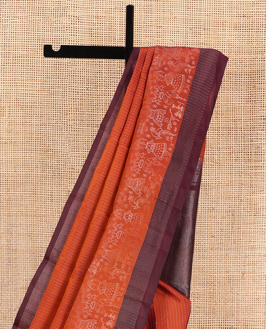 Orange muthu striped and warli village theme woven Kanchipuram silk saree, contrast checked border, and striped pallu - Image 3