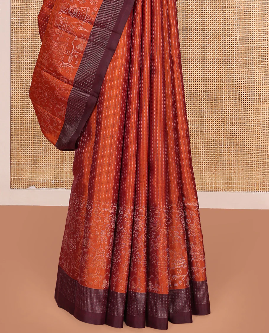 Orange muthu striped and warli village theme woven Kanchipuram silk saree, contrast checked border, and striped pallu - Image 4