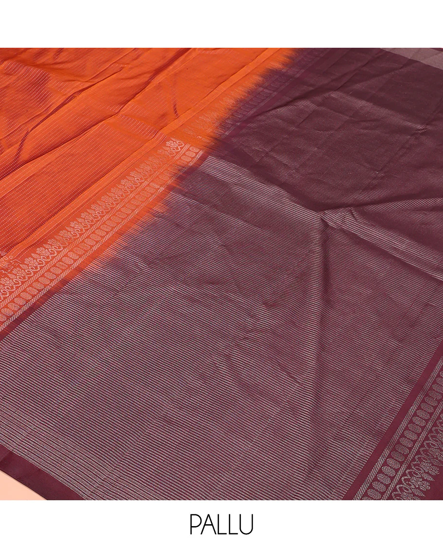 Orange muthu striped and warli village theme woven Kanchipuram silk saree, contrast checked border, and striped pallu - Image 5