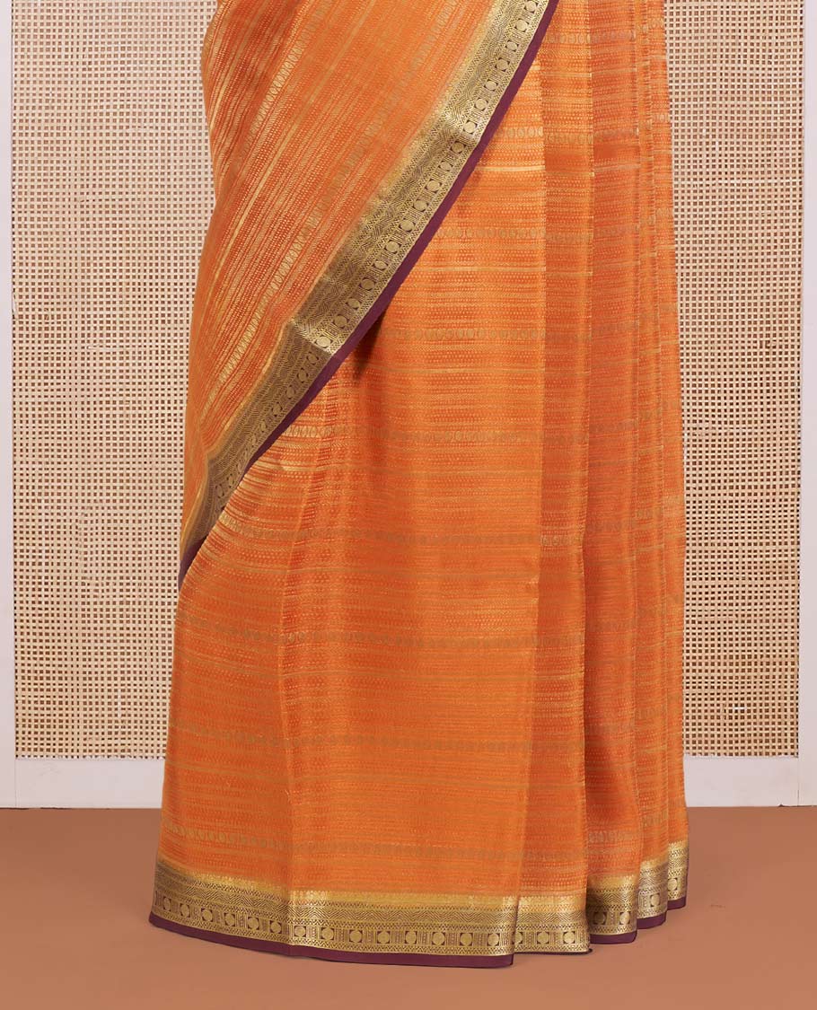 Orange Mysore Silk Saree Steeped with Geometric Zari Patterns All Over Its Body, Complemented by a Contrast Border of Traditional Zari Designs, a Grandly Woven Pallu of Jaal Design, and a Contrast Blouse - Image 4