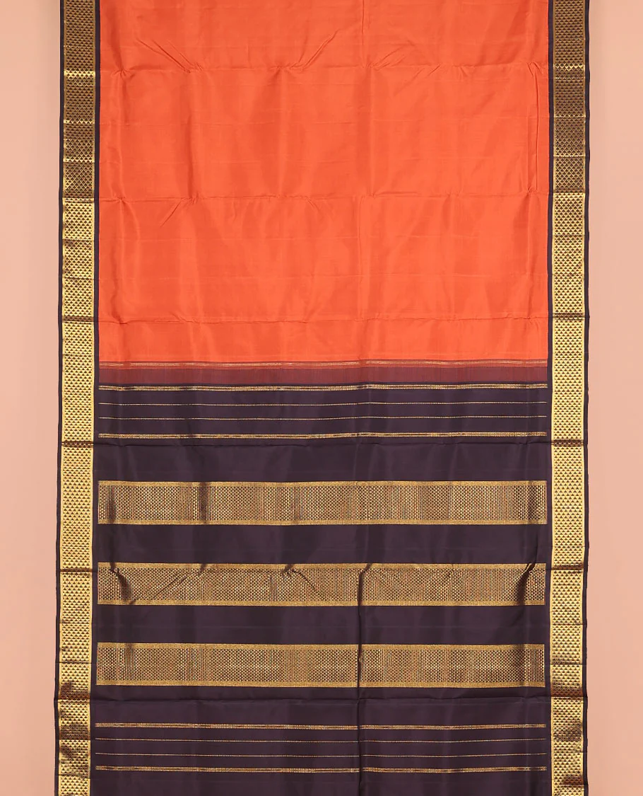 Orange plain nine-yard silk saree, contrast ara maadam design korvai border, and pallu of ara maadam designs - Image 2