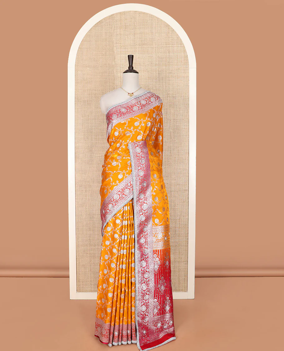 Orange Semi-Banaras Nylon Saree Highlighted with Floral Jaal Jacquard and Stone Work, Complemented by a Contrast Floral Creeper Zari Stone Work Lace Border, Floral Bouquets Themed Pallu Detailed in Zari and Stone Work, and Paired with a Contrast Blouse - Image 3