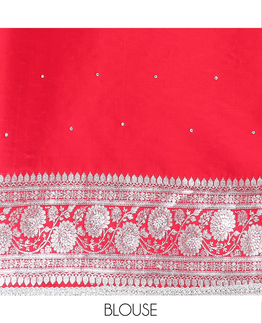 Orange Semi-Banaras Nylon Saree Highlighted with Floral Jaal Jacquard and Stone Work, Complemented by a Contrast Floral Creeper Zari Stone Work Lace Border, Floral Bouquets Themed Pallu Detailed in Zari and Stone Work, and Paired with a Contrast Blouse - Image 5