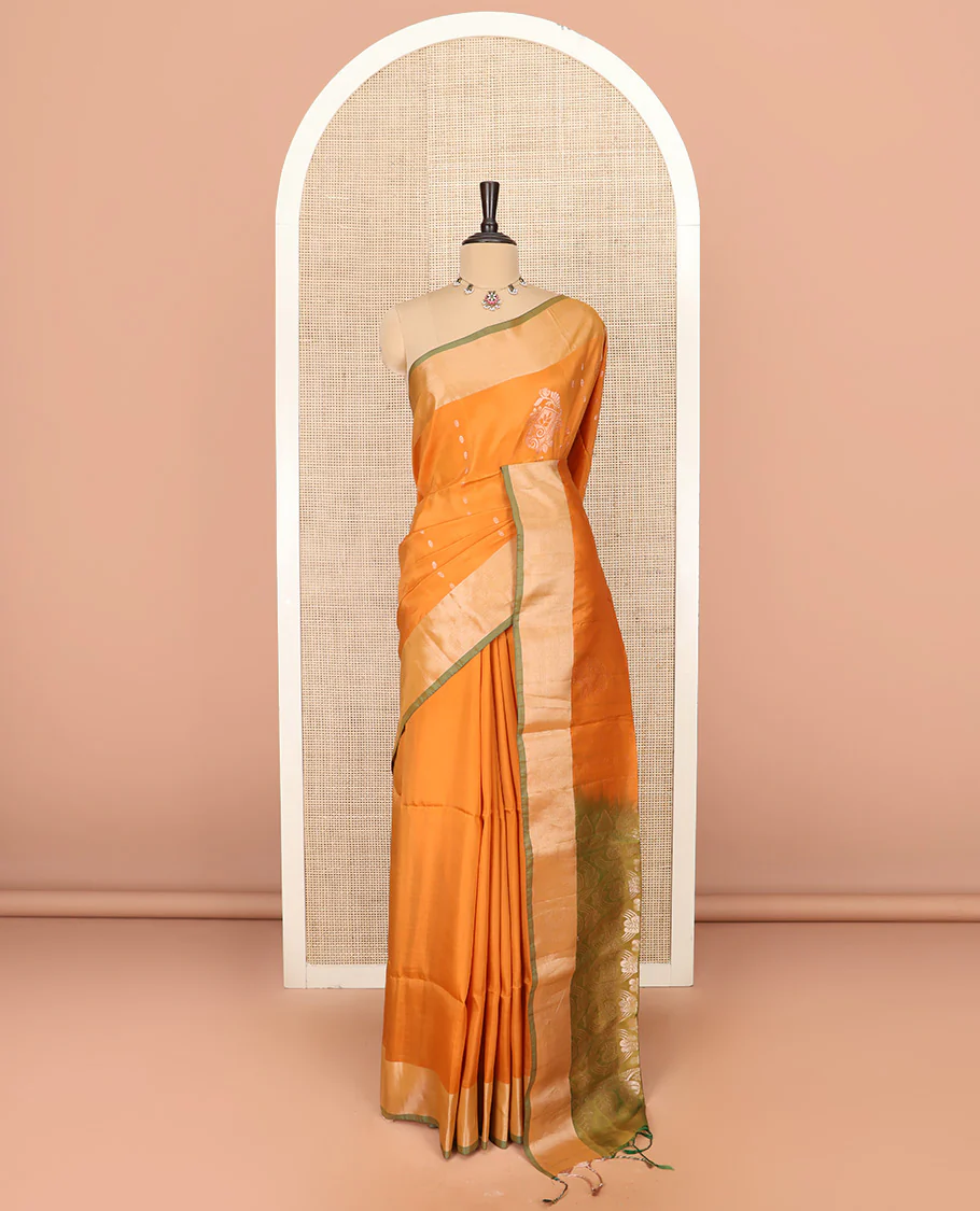 Orange Semi Uppada Saree Bedecked with Zari Buttas, Complemented by a Contrasting Bavanji Border, Pallu Featuring Paisley Butta Enclosed Circles, and Paired with a Contrast Blouse - Image 3