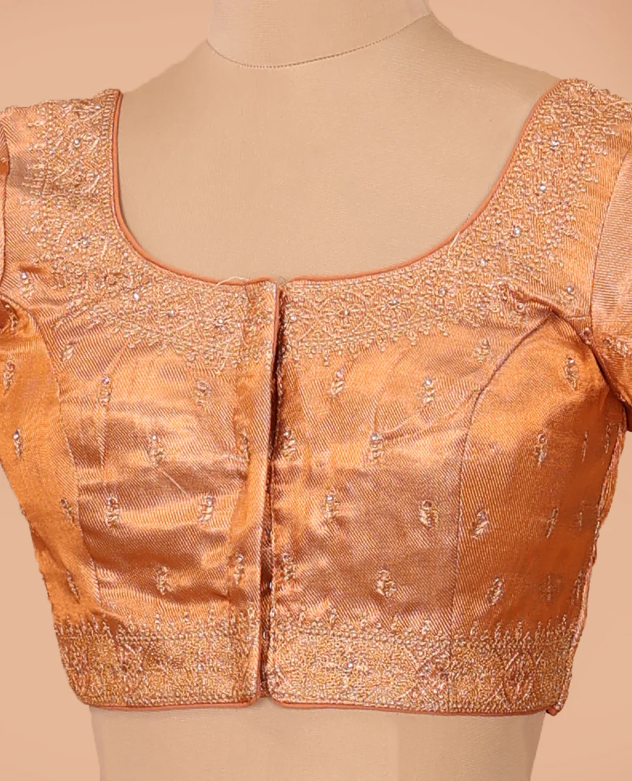 Orange thread embroidered front-back round neck elbow sleeve blouse - Image 2