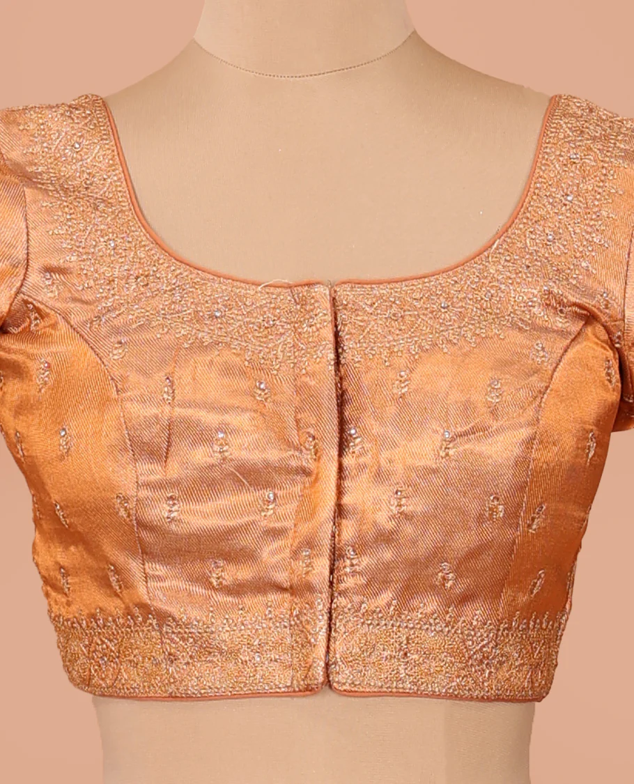 Orange thread embroidered front-back round neck elbow sleeve blouse - Image 3