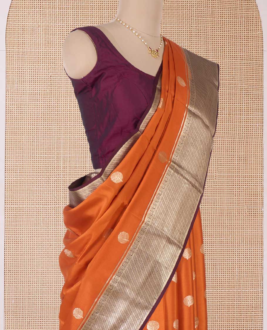 Orange tree buttas Mysore silk saree, contrast traditional zari border, and intricate pallu - Image 3