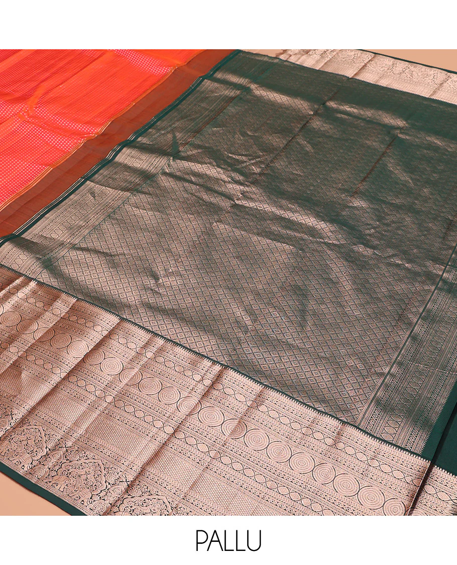 Orange Vasundhara Silk Saree Gracefully Embellished with Dobby-Style Zari Buttas, Highlighted by a Contrast Border of Rekku, Kathir, Cross Kamalam, Chakram, Mayil Kann, Mayil, and Yaanai, Scintillating Jaal Pallu, and Paired with a Contrast Blouse - Image 5