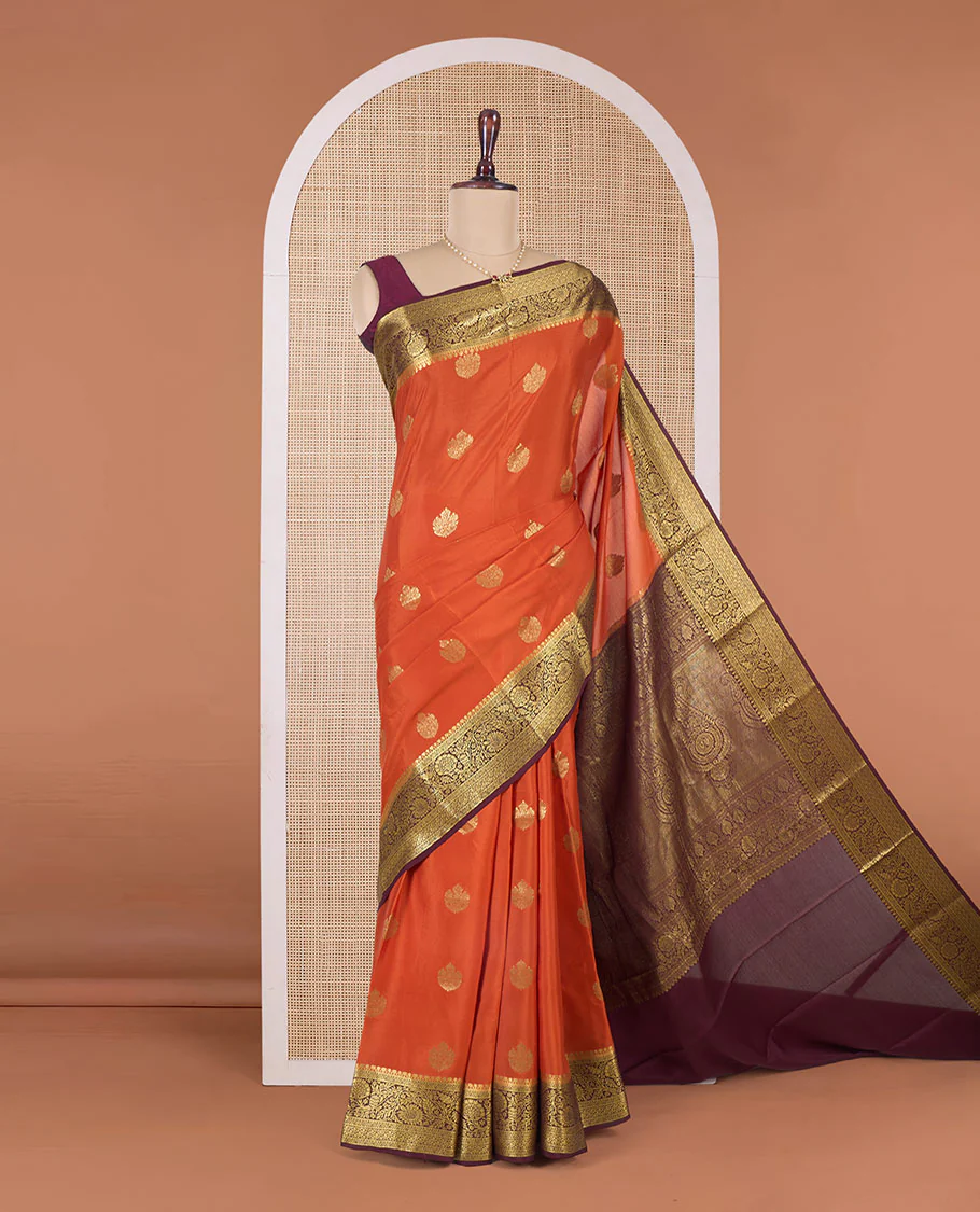 Orange zari buttas Mysore silk saree, contrast traditional zari design border, and intricate paisleys pallu - Image 2