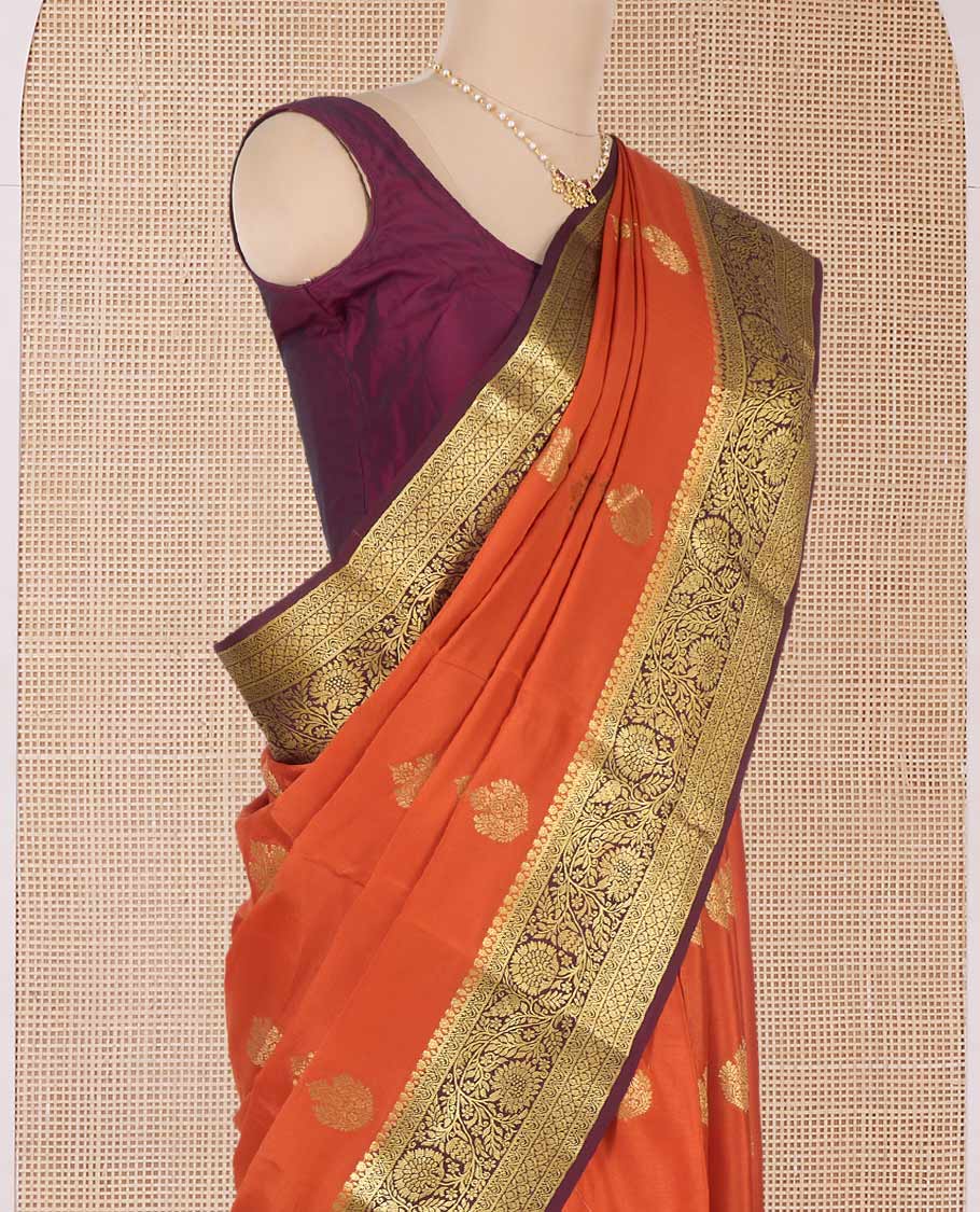 Orange zari buttas Mysore silk saree, contrast traditional zari design border, and intricate paisleys pallu - Image 3