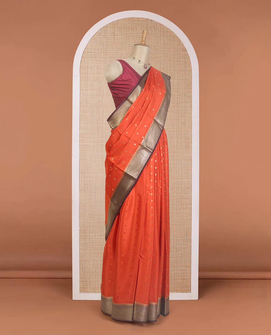 Orange zari buttas Mysore silk saree, contrast traditional zari design border, and jaal pallu