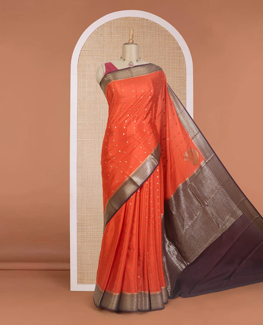 Orange zari buttas Mysore silk saree, contrast traditional zari design border, and jaal pallu - Image 2