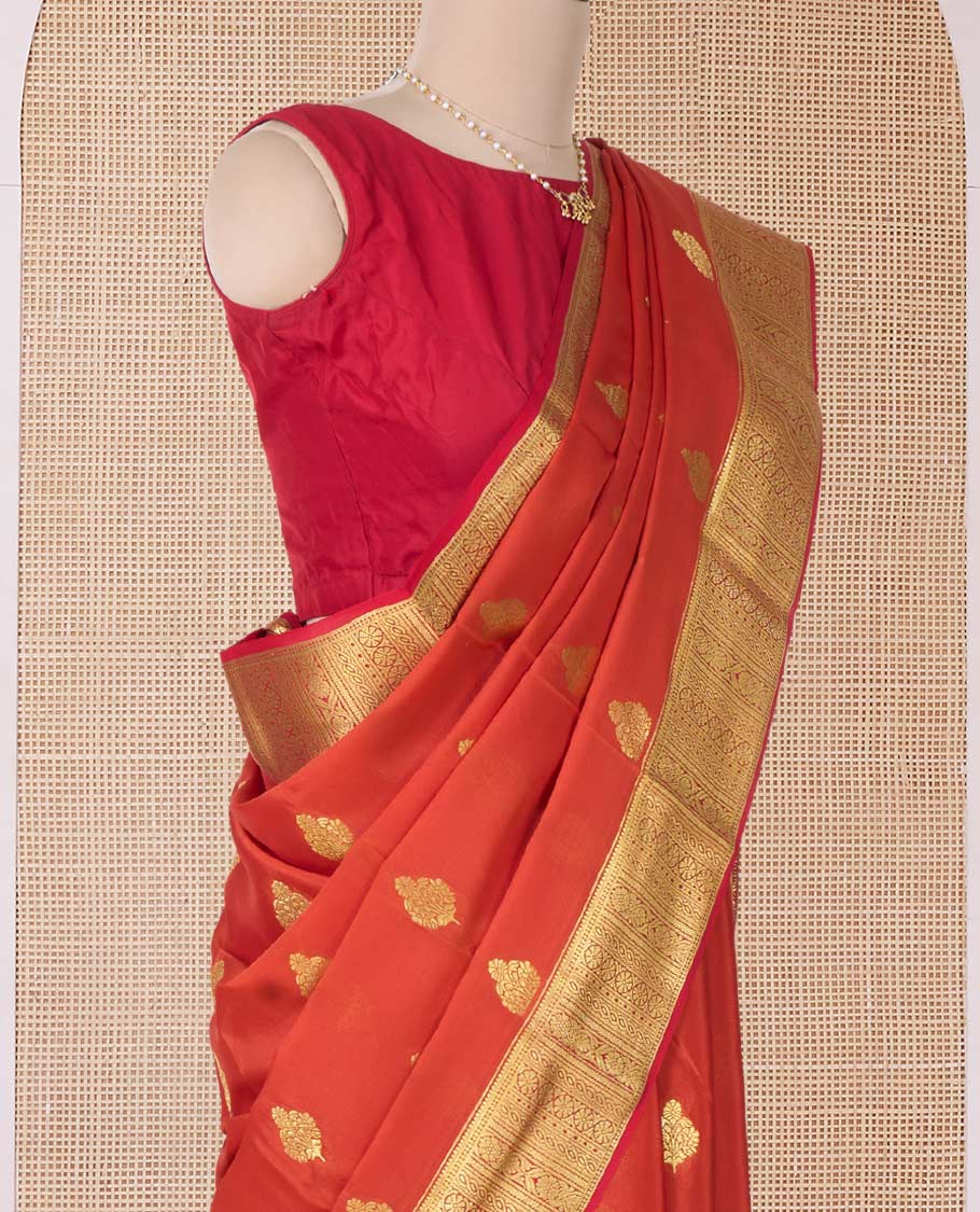 Orange zari buttas Mysore silk saree, traditional zari border, and ogee patterned pallu - Image 3