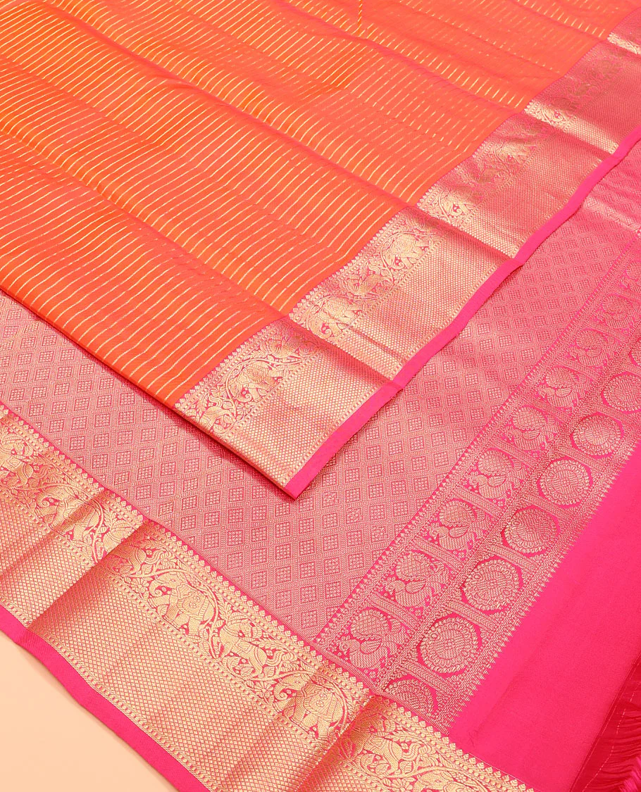 Orange zari striped Vasundhara silk saree, contrast border of thilakam mokku, yaanai, kuthirai, and kuyil kann designs, and jaal pallu - Image 2