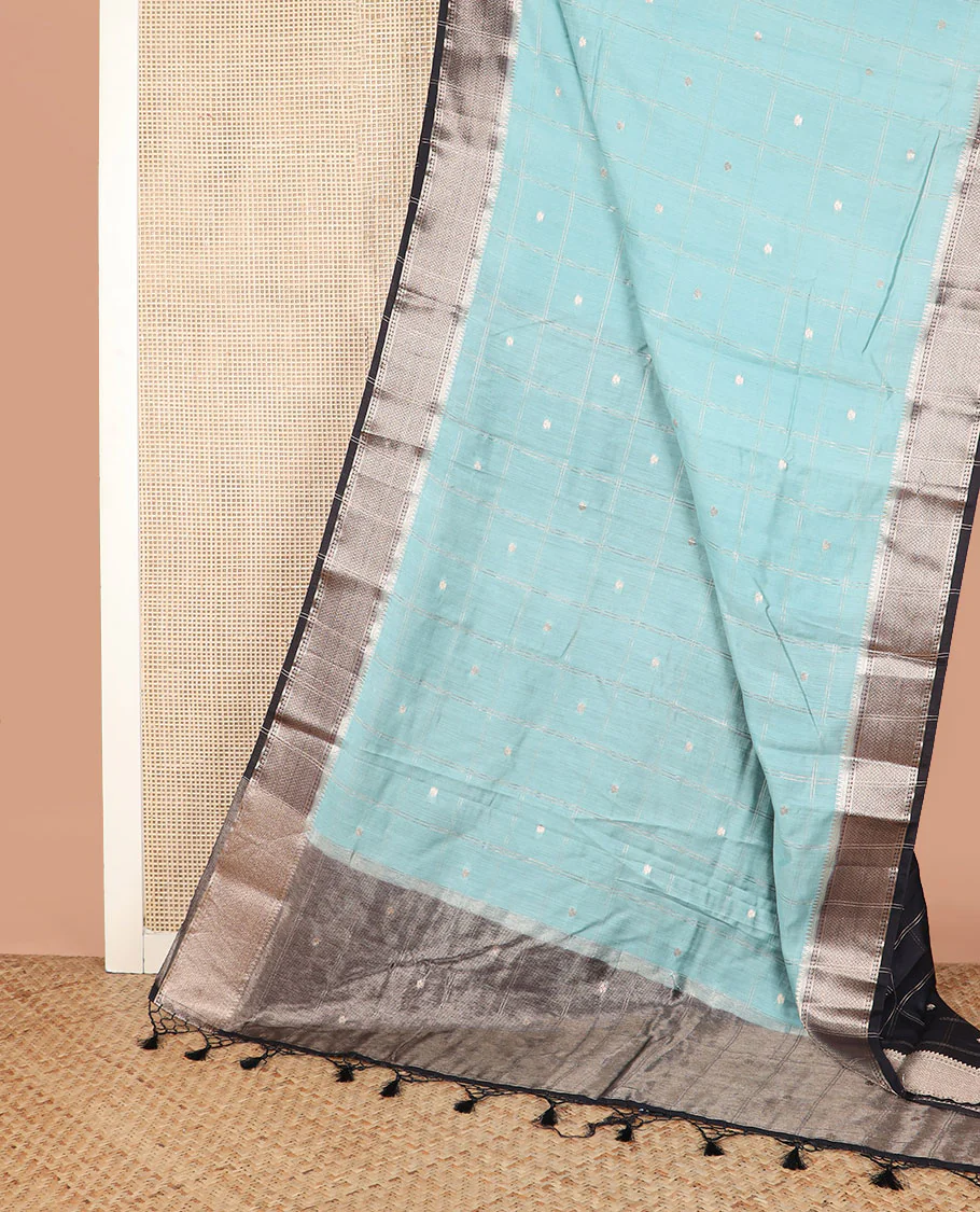 Pale blue buttas enclosed checked assam silk saree, contrast traditional zari border, and pallu of zari design - Image 2