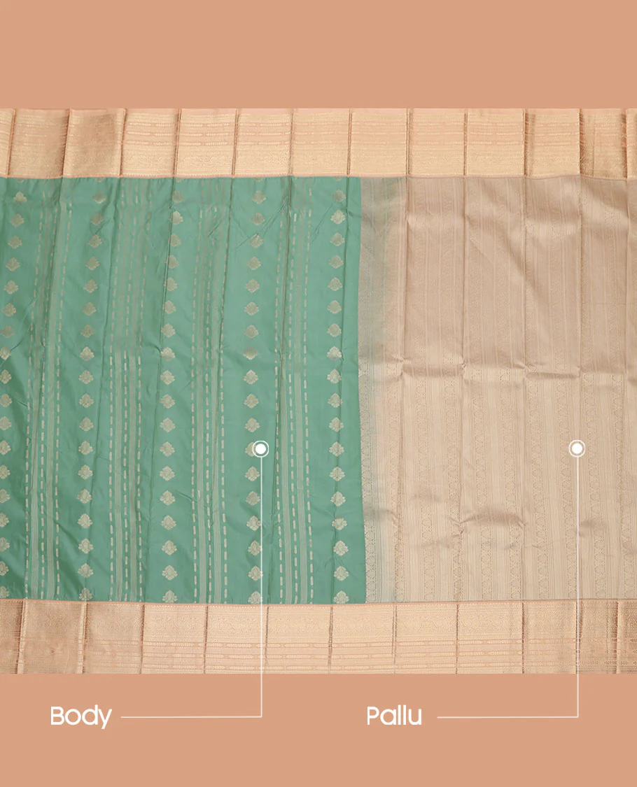 Pale Green Budget Silk Saree, Delicately Woven with Zari Buttas on Its Body, Complemented by a Contrast Traditional Zari Design Border, Geometric-Patterned Pallu, and Paired with a Contrast Blouse - Image 3