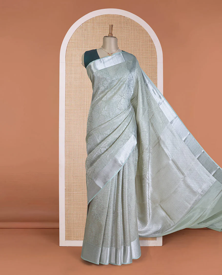 Pale green jacquard Mysore silk saree, traditional zari border, and jaal pallu - Image 2