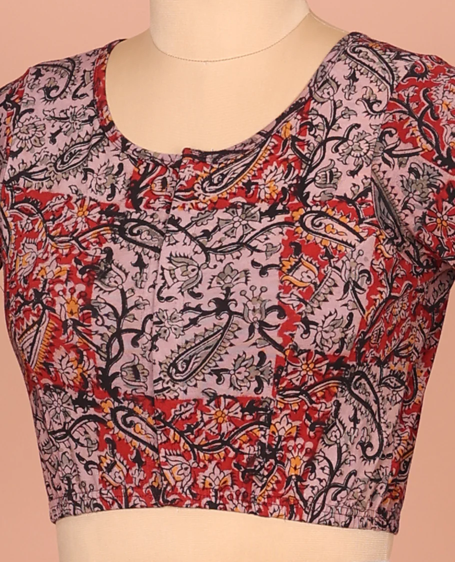 Pale Purple and Red Cotton Readymade Blouse Accentuated with All-Over Paisley and Floral Vine Print, Featuring a Front Round-Neck, a Closed Back Neck, and Elbow Sleeves - Image 2