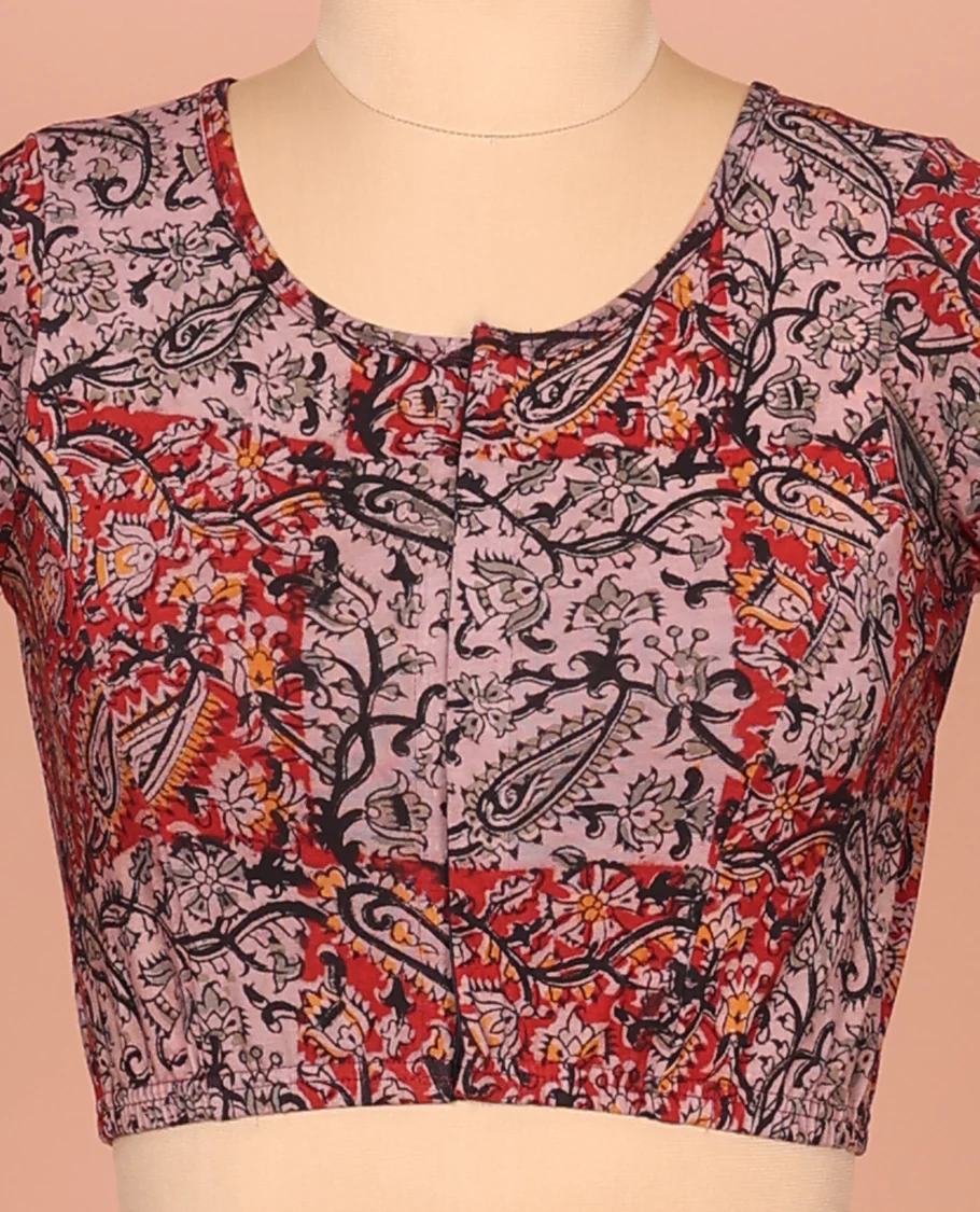 Pale Purple and Red Cotton Readymade Blouse Accentuated with All-Over Paisley and Floral Vine Print, Featuring a Front Round-Neck, a Closed Back Neck, and Elbow Sleeves - Image 3