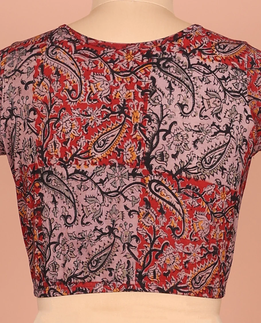 Pale Purple and Red Cotton Readymade Blouse Accentuated with All-Over Paisley and Floral Vine Print, Featuring a Front Round-Neck, a Closed Back Neck, and Elbow Sleeves - Image 4