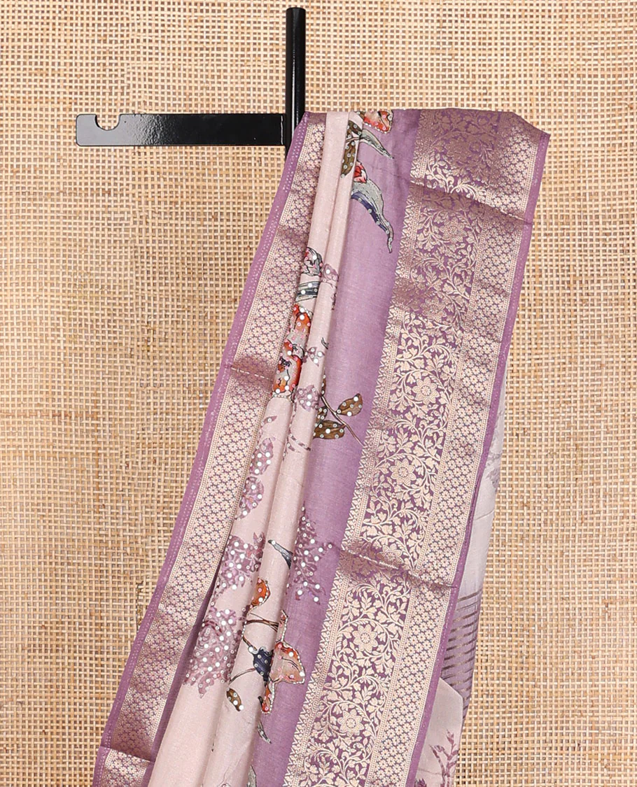 Pale purple floral printed with sequin embroidered dola silk saree, contrast floral zari border & zari striped pallu - Image 3