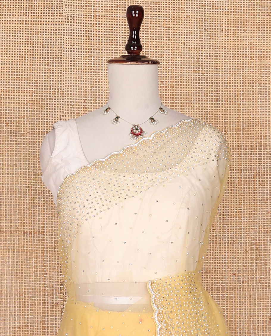Pale yellow crystal stone & pearl beads embroidered designer saree with scallop embroidered border - Image 3