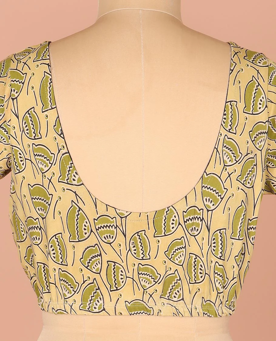 Pale Yellow Readymade Blouse Embellished with Lotus Motifs Print, Featuring Front Round Neck, Back Round Neck, and Elbow Sleeves - Image 4