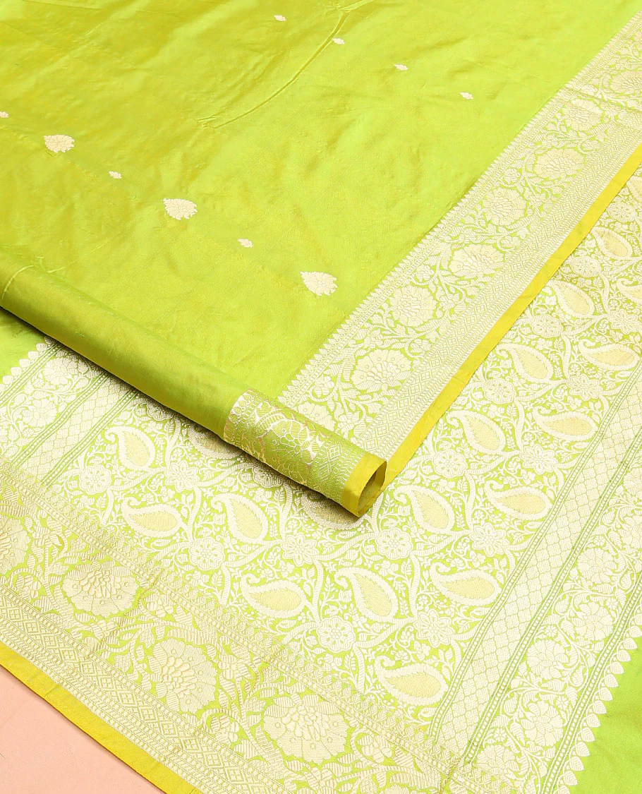Parrot green buttas banarasi kathan silk saree, floral creeper border, and pallu of paisley jaal design - Image 2