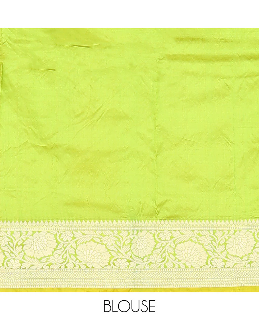 Parrot green buttas banarasi kathan silk saree, floral creeper border, and pallu of paisley jaal design - Image 6