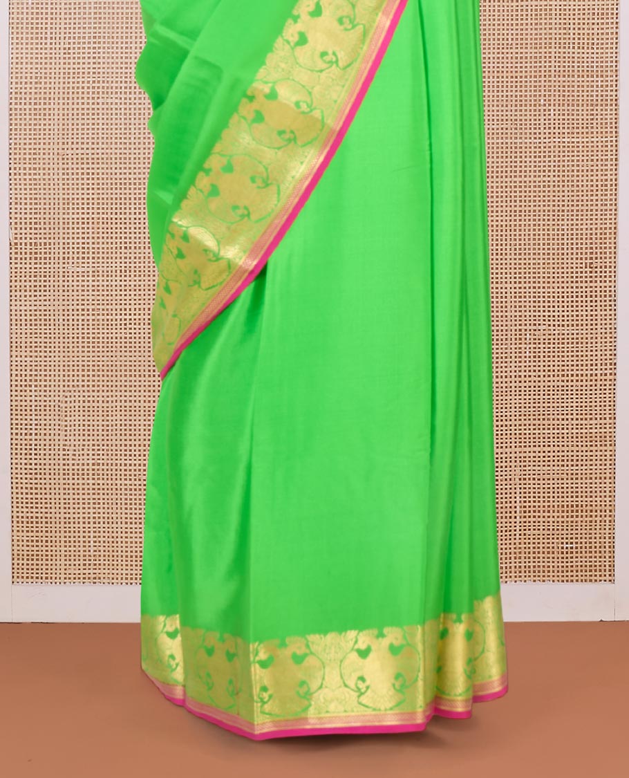 Parrot green plain Mysore silk saree, two-headed eagle zari border, and pallu steeped with two-headed eagle motifs - Image 4