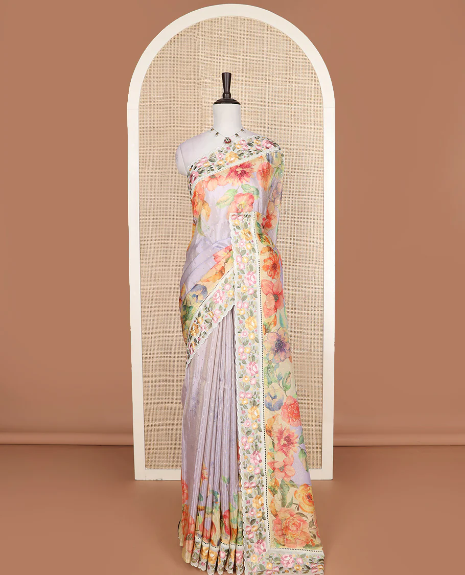 Pastel lavender buttas with floral printed dola silk saree, contrast floral embroidered scallop border - Image 2