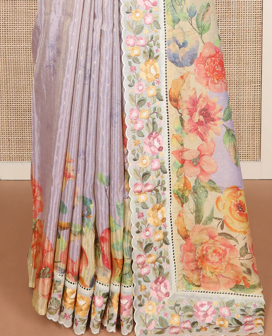 Pastel lavender buttas with floral printed dola silk saree, contrast floral embroidered scallop border - Image 4