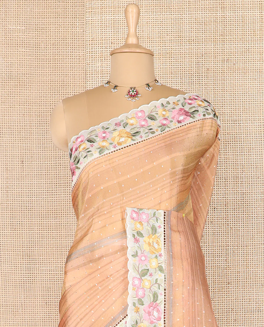 Pastel orange dobby-style buttas dola silk saree, contrast floral embroidered scallop border, and floral printed pallu - Image 3