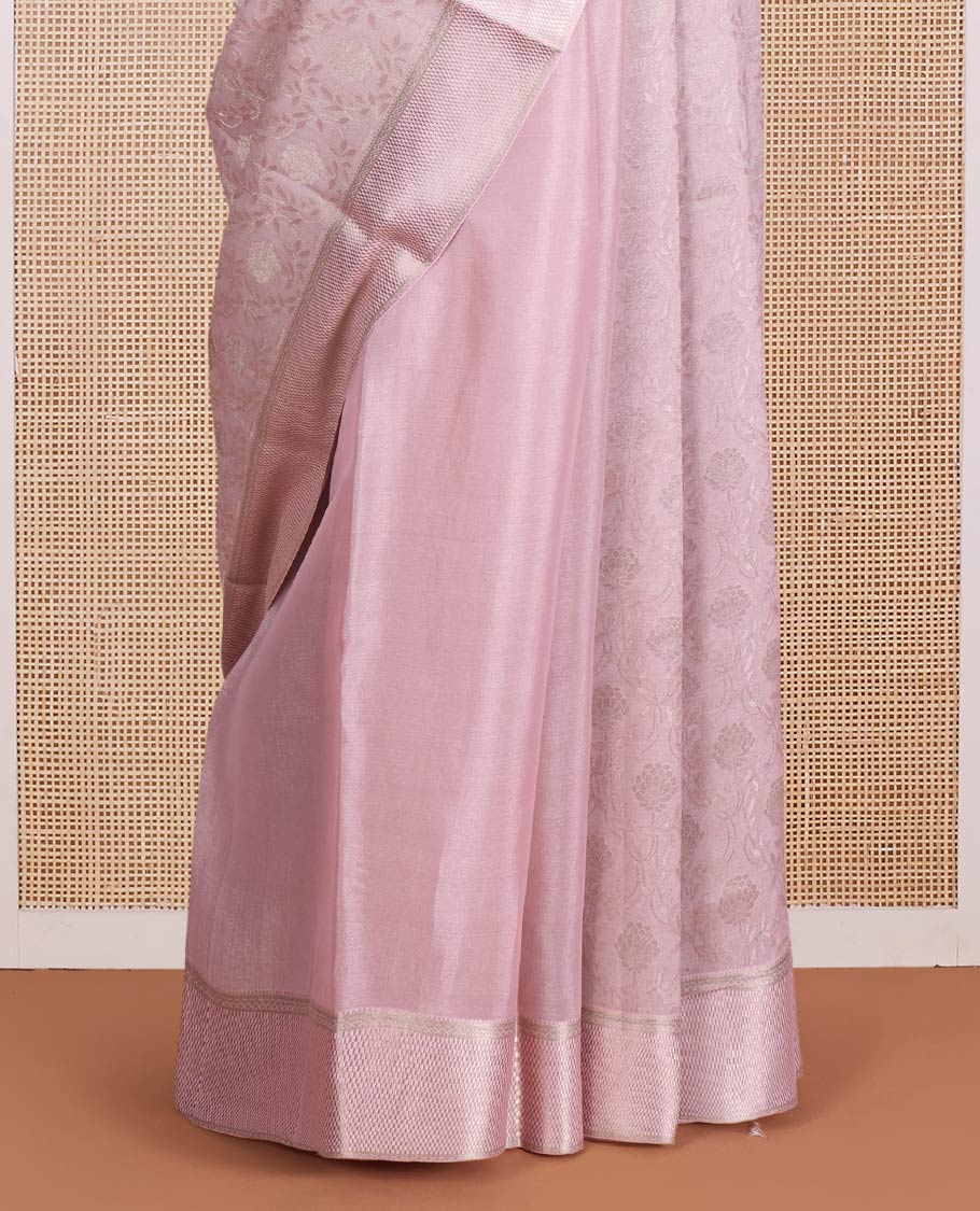 Peach floral jacquard Mysore silk saree, traditional zari border, and zari-rich jaal pallu - Image 4